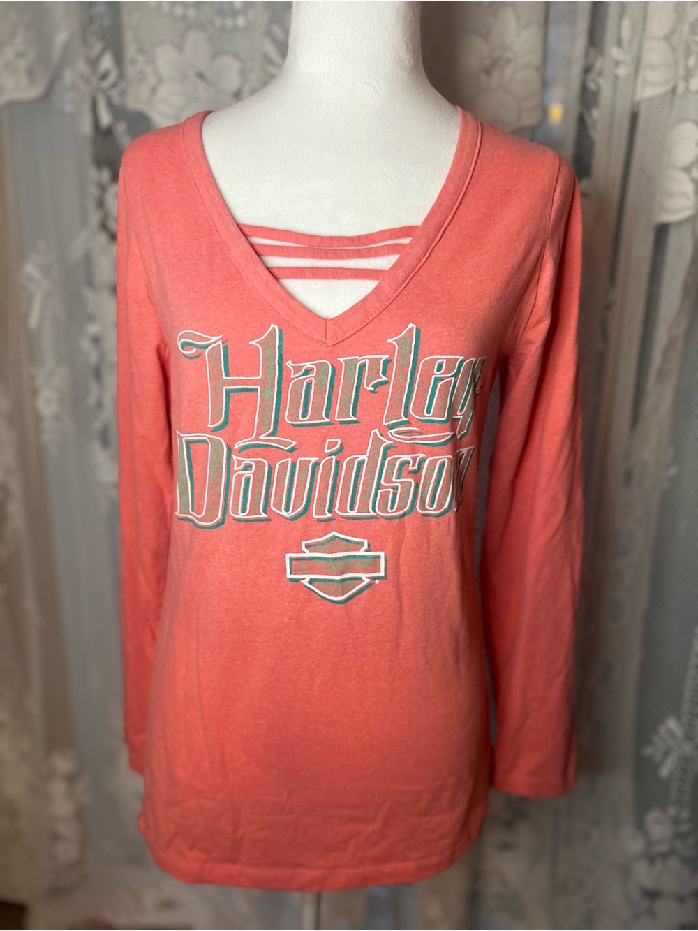 Y2K Harley-Davidson Coral V-Neck Tee with Teal and White Logo